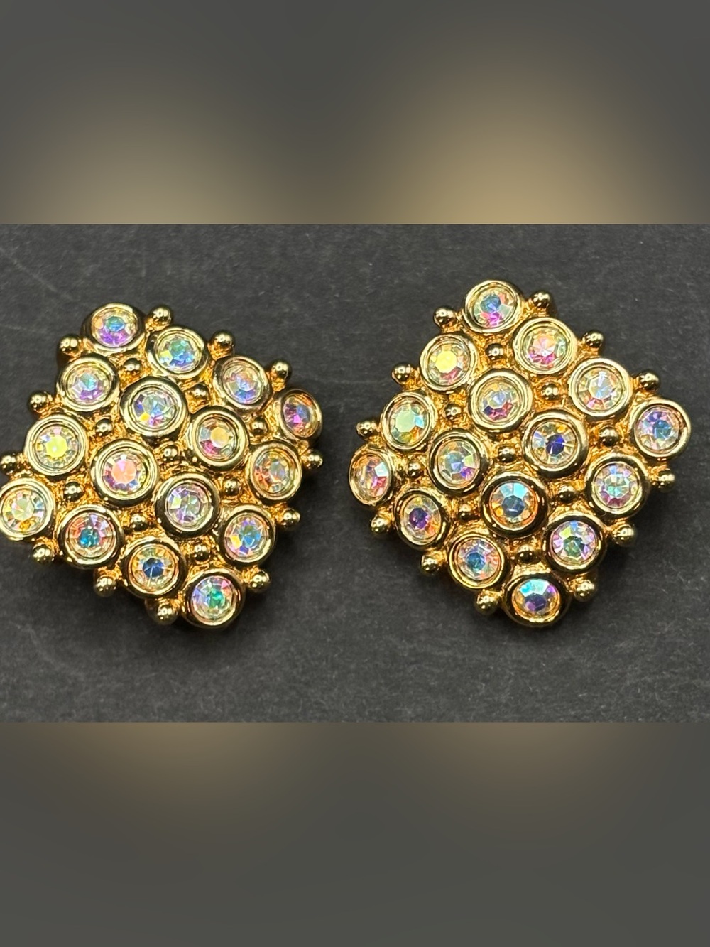 Swarovski Swan Signed Vintage AB Rhinestone Gold Tone Cluster Clip On Earrings - Picture 2 of 9